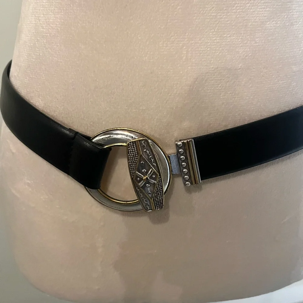 Chico's Black Leather Southwestern Style Belt with Etched Silver & Gold Buckle